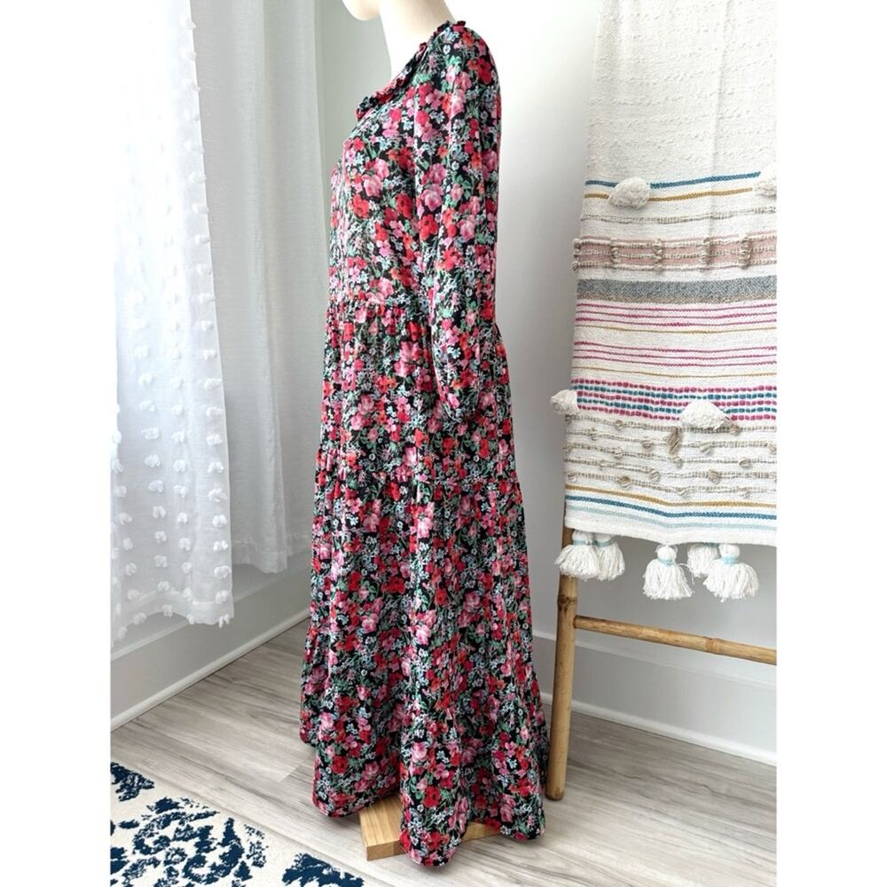 Zara Red Pink Black Green Floral Long Balloon Sleeves Midi Dress Women’s Small - Picture 3 of 12